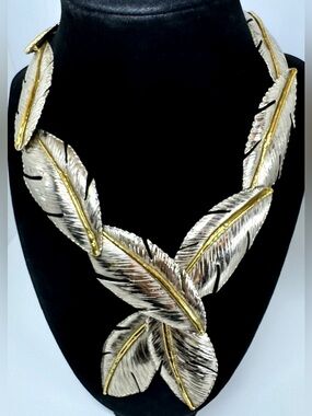 Vintage Two-tone Feather Collar Statement Necklace #1724